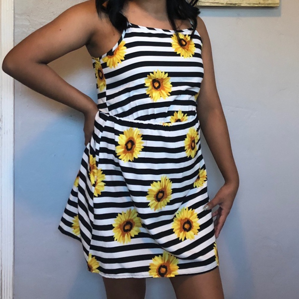 Black & white striped sunflower floral mini dress